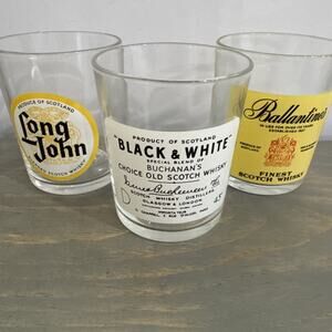 Collectible Scotch Glasses, Ballantine's Vat 69 Usher's Long John Black White